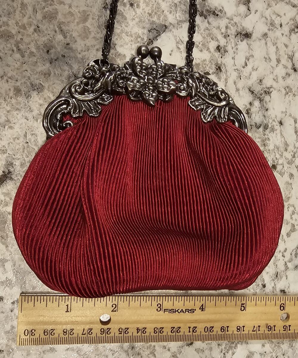 Red Pleated Clutch, Kiss Lock Metal Frame, Black Chain Shoulder Strap Small